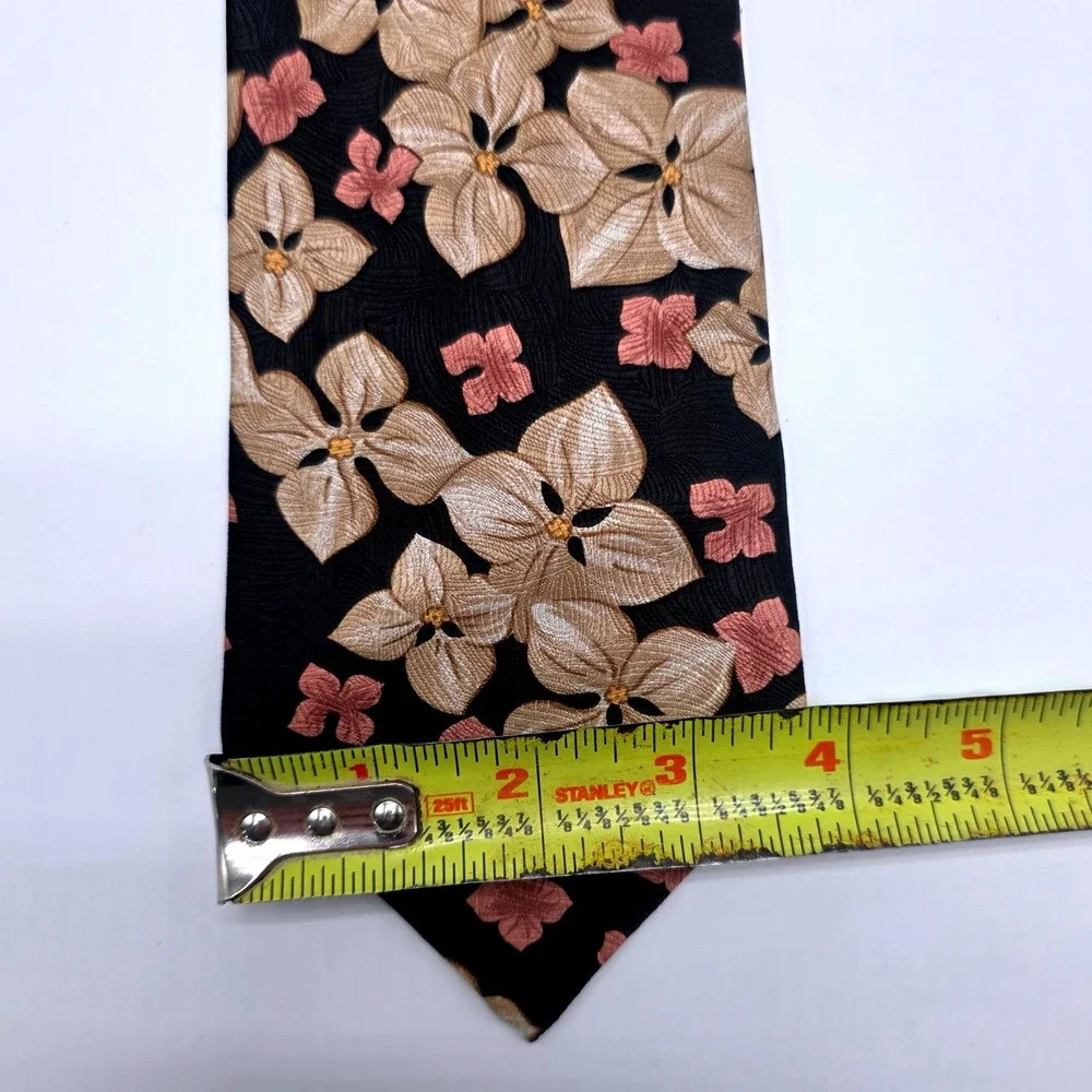 Rudy T Houston Mens Silk Floral Tie‎ Black Champagne Coral Hand Finished Spain